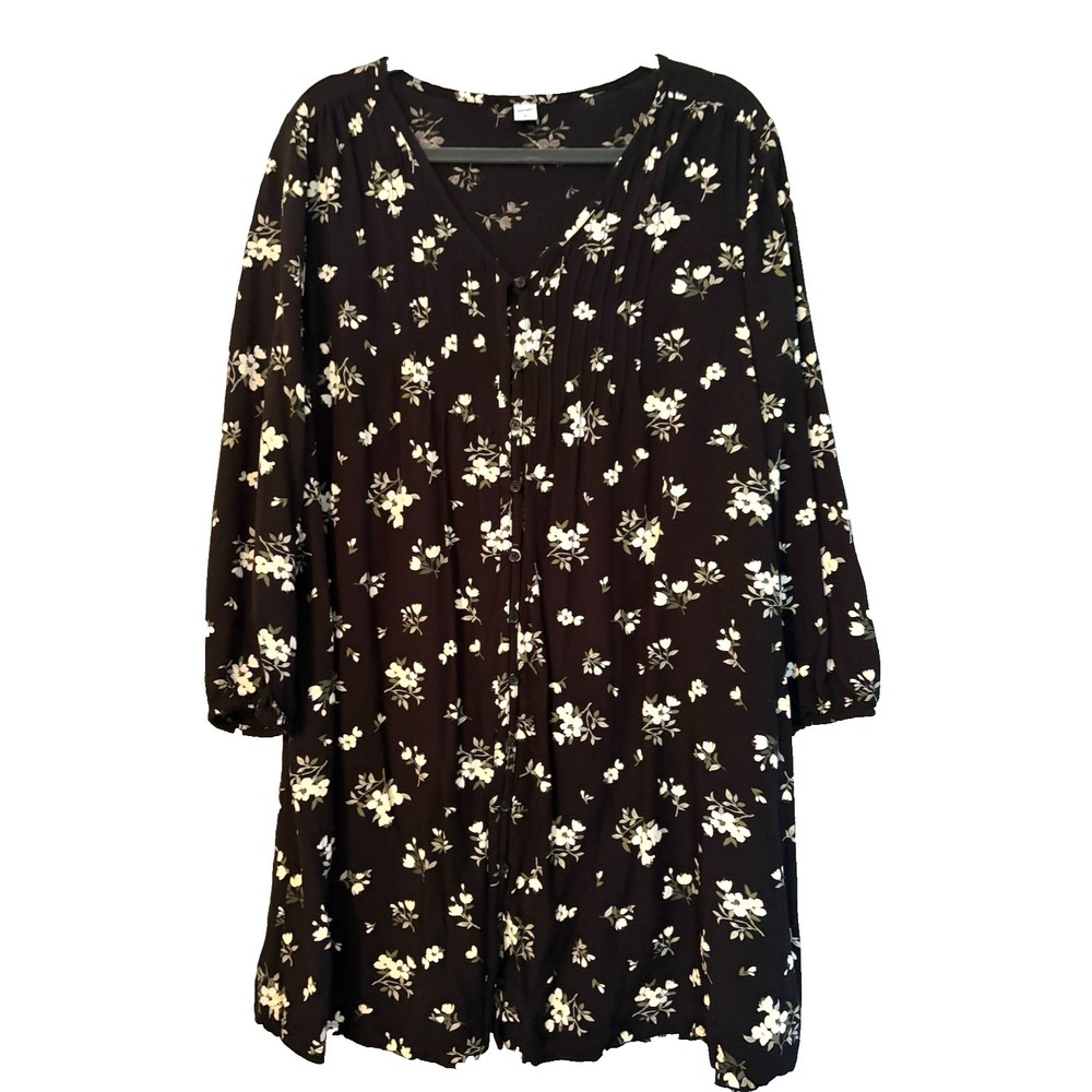 Old Navy Dress Large Black with micro‎ flowers sz Large long sleeve peasant boho